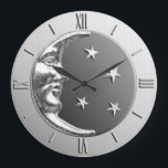 Art Deco Moon and Stars - Grey / Grey and Silver Large Clock<br><div class="desc">Classic Art Deco moon and stars design clock in brushed silver,  with a haematite stone / grey enamel look background</div>