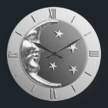 Art Deco Moon and Stars - Grey / Grey and Silver Large Clock<br><div class="desc">Classic Art Deco moon and stars design clock in brushed silver,  with a haematite stone / grey enamel look background</div>