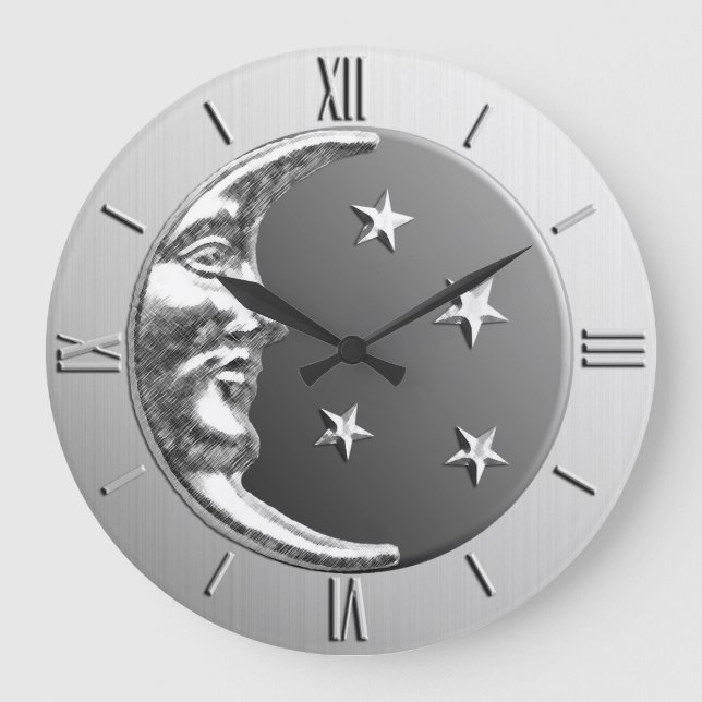Art Deco Moon and Stars - Grey / Grey and Silver Large Clock (Front)