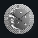 Art Deco Moon and Stars, Haematite Grey & Silver Round Clock<br><div class="desc">Clock in a classic Art Deco moon and stars design in brushed silver with an enamel look,  haematite grey / grey background</div>
