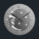 Art Deco Moon and Stars, Haematite Grey & Silver Round Clock<br><div class="desc">Clock in a classic Art Deco moon and stars design in brushed silver with an enamel look,  haematite grey / grey background</div>