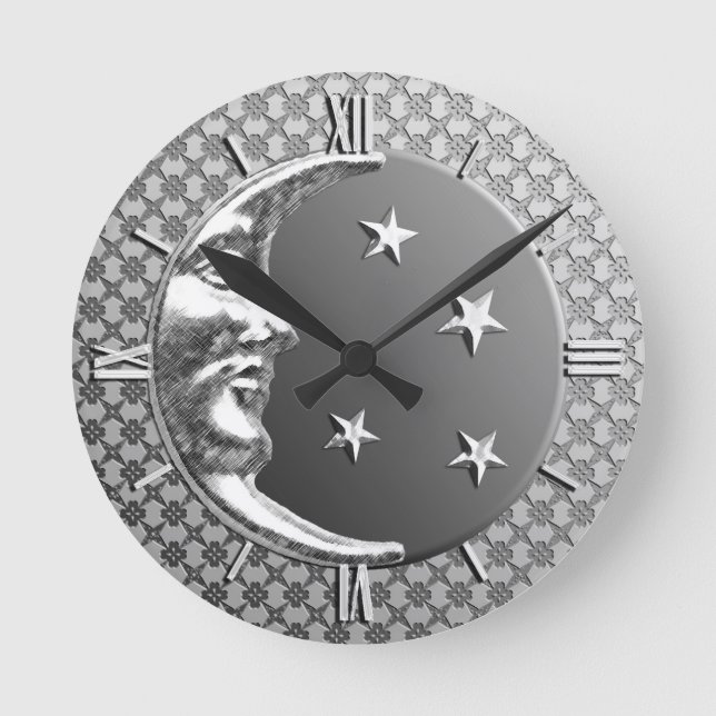 Art Deco Moon and Stars, Haematite Grey & Silver Round Clock (Front)