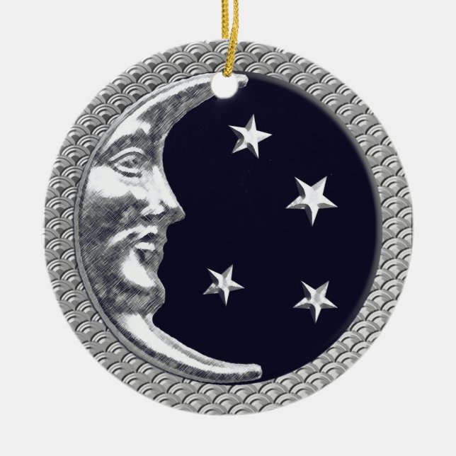 Art Deco Moon and Stars in Black and Silver Ceramic Ornament (Front)