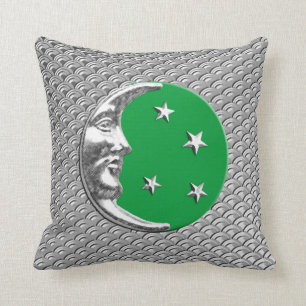 Art Deco Moon and stars - Jade Green and Silver Cushion