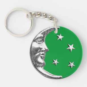 Art Deco Moon and Stars - Jade Green and Silver Key Ring