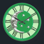 Art Deco Moon and Stars - Jade Green and Silver Large Clock<br><div class="desc">Classic Art Deco moon and stars design in brushed silver with an enamel look,  jade green background</div>