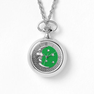 Art Deco Moon and Stars, Jade Green and Silver Watch