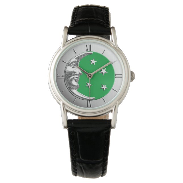 Art Deco Moon and Stars - Jade Green and Silver Watch (Front)