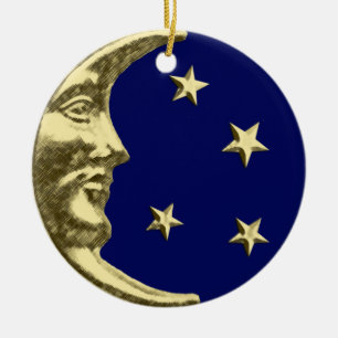 Art Deco Moon and Stars - Navy Blue and Gold Ceramic Ornament