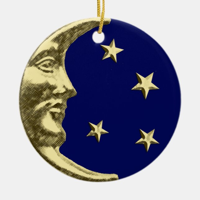 Art Deco Moon and Stars - Navy Blue and Gold Ceramic Ornament (Front)