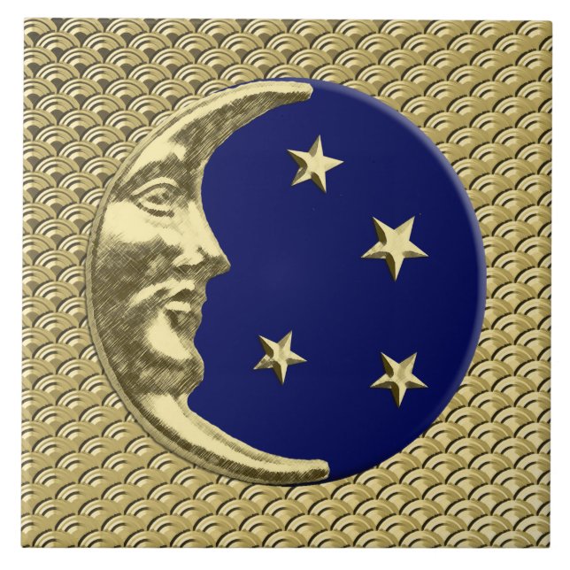 Art Deco Moon and stars - Navy Blue and Gold Ceramic Tile (Front)