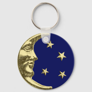 Art Deco Moon and Stars - Navy Blue and Gold Key Ring