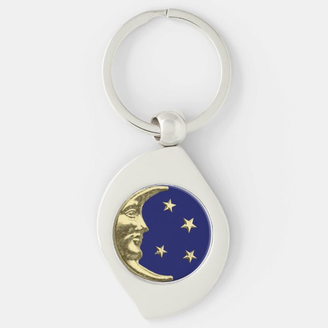 Art Deco Moon and Stars - Navy Blue and Gold Key Ring (Front)