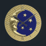 Art Deco Moon and Stars, Navy Blue and Gold Round Clock<br><div class="desc">Clock in a classic Art Deco moon and stars design in brushed silver with an enamel look navy blue / indigo background</div>