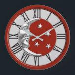 Art Deco Moon and Stars - Red, Grey and Silver Large Clock<br><div class="desc">Classic Art Deco moon and stars design in brushed silver on enamel look,  dark Chinese red with a light silver grey / grey background</div>