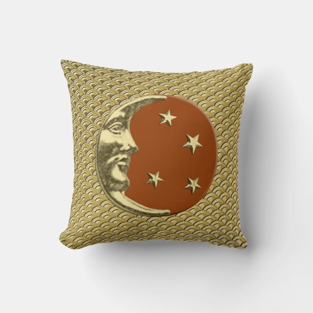 Art Deco Moon and stars - Rust Brown and Gold Cushion (Front)