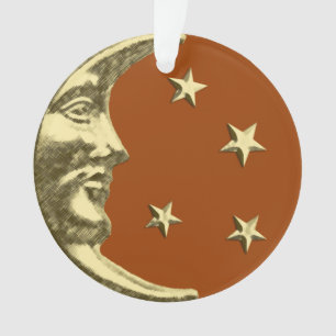 Art Deco Moon and Stars - Rust Brown and Gold Ornament