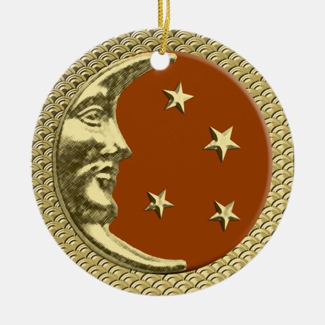 Art Deco Moon and Stars Rust on a Gold Background  Ceramic Ornament (Front)