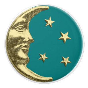Art Deco Moon and stars - Teal and Gold Ceramic Knob