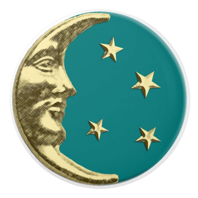 Art Deco Moon and stars - Teal and Gold Ceramic Knob (Front)