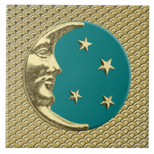 Art Deco Moon and stars - Teal and Gold Ceramic Tile