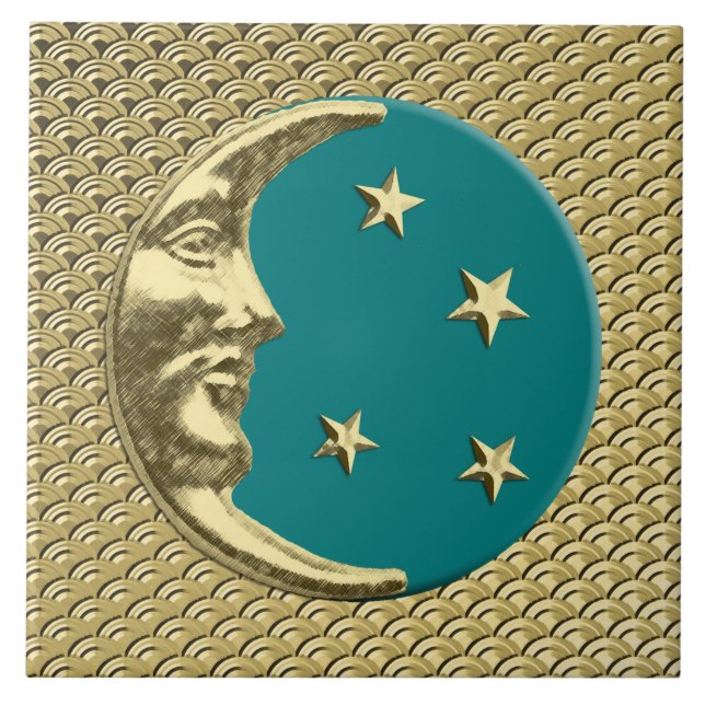 Art Deco Moon and stars - Teal and Gold Ceramic Tile (Front)