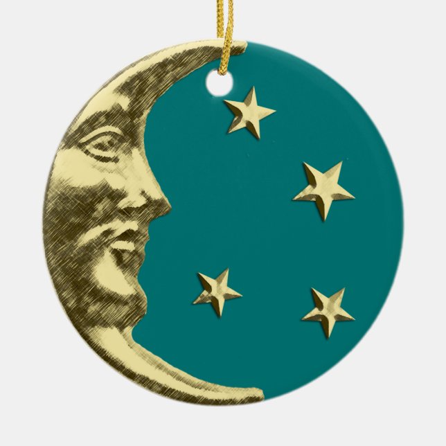 Art Deco Moon and Stars - Teal and Gold Ceramic Tree Decoration (Front)