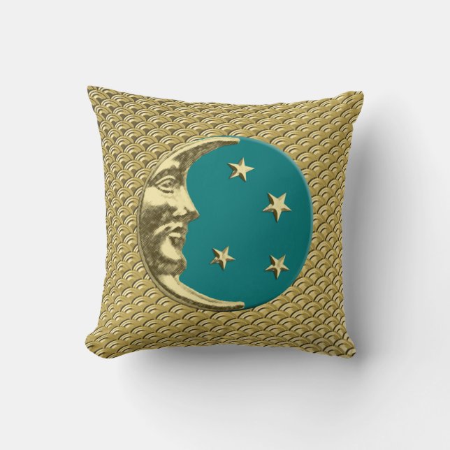 Art Deco Moon and stars - Teal and Gold Cushion (Front)