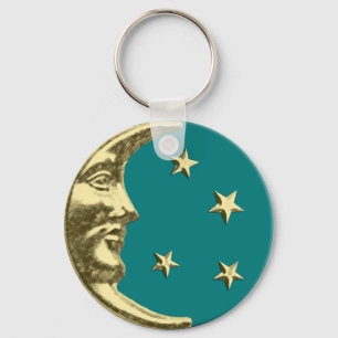 Art Deco Moon and Stars - Teal and Gold Key Ring