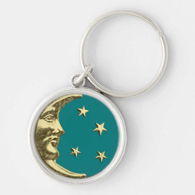 Art Deco Moon and Stars - Teal and Gold Key Ring (Front)
