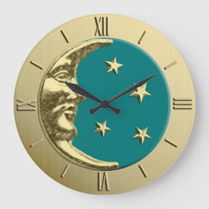 Art Deco Moon and Stars - Teal and Gold Large Clock