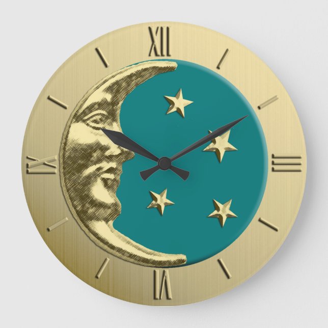 Art Deco Moon and Stars - Teal and Gold Large Clock (Front)
