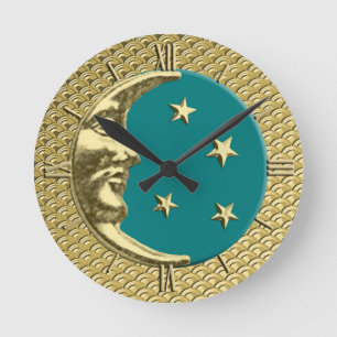 Art Deco Moon and Stars, Teal and Gold Round Clock