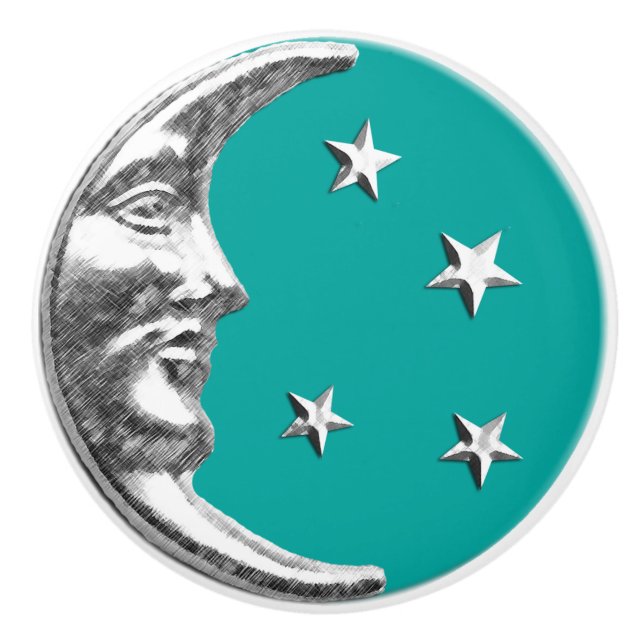Art Deco Moon and stars - Turquoise & Silver Ceramic Knob (Front)
