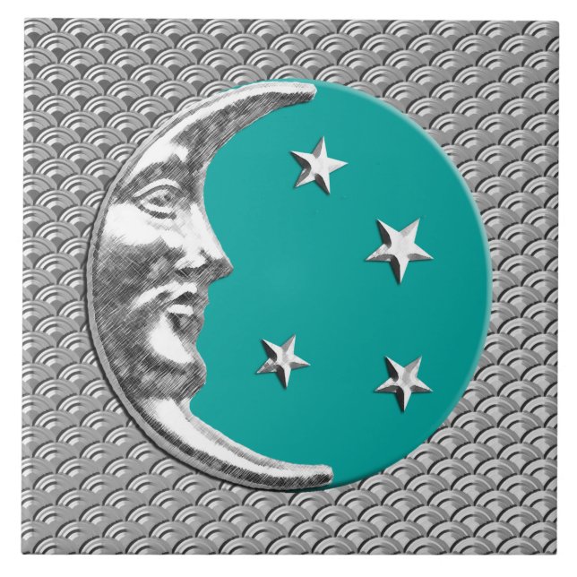 Art Deco Moon and stars - Turquoise & Silver Ceramic Tile (Front)