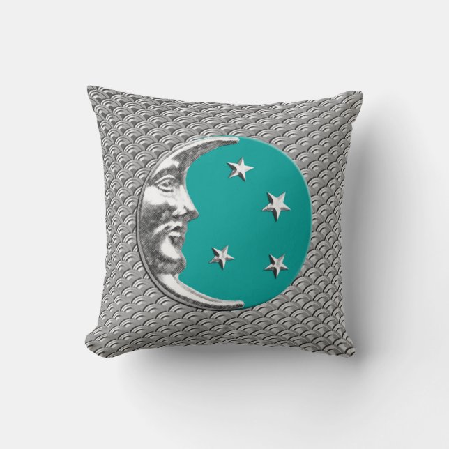 Art Deco Moon and stars - Turquoise & Silver Cushion (Front)
