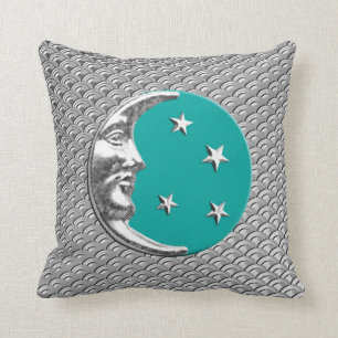 Art Deco Moon and stars - Turquoise & Silver Cushion