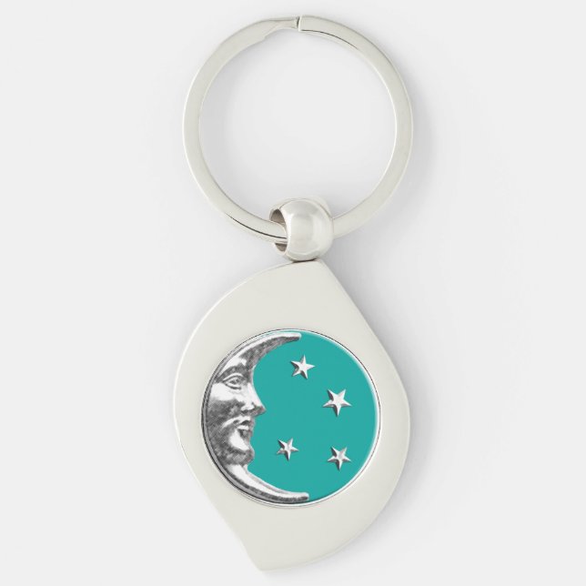Art Deco Moon and Stars - Turquoise & Silver Key Ring (Front)