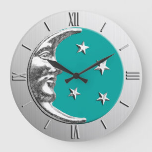Art Deco Moon and Stars - Turquoise & Silver Large Clock