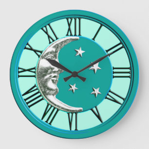 Art Deco Moon and Stars - Turquoise & Silver Large Clock