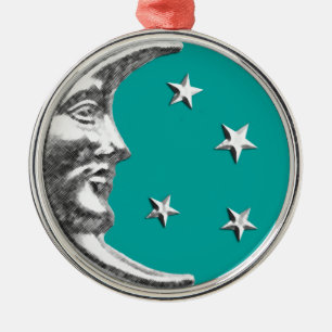 Art Deco Moon and Stars - Turquoise & Silver Metal Ornament