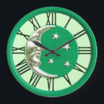 Art Deco Moon Face - Jade Green and Silver Large Clock<br><div class="desc">Classic Art Deco moon and stars design in brushed silver with an enamel look,  jade green background</div>
