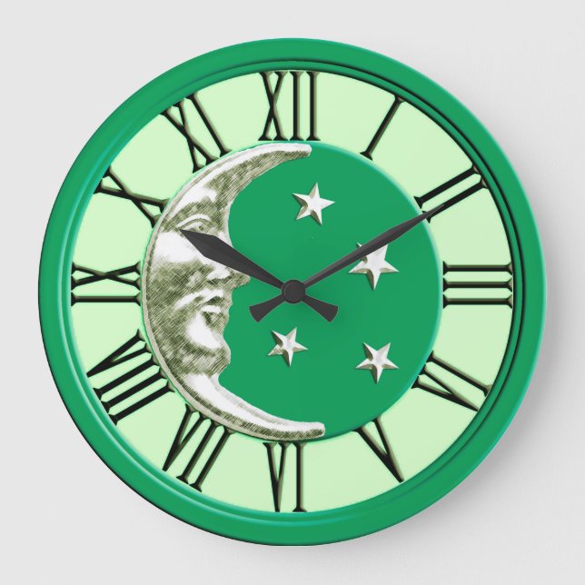 Art Deco Moon Face - Jade Green and Silver Large Clock (Front)