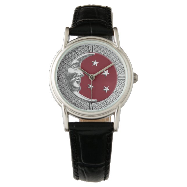 Art Deco Moon Moon and Stars, Dark Red and Silver  Watch (Front)