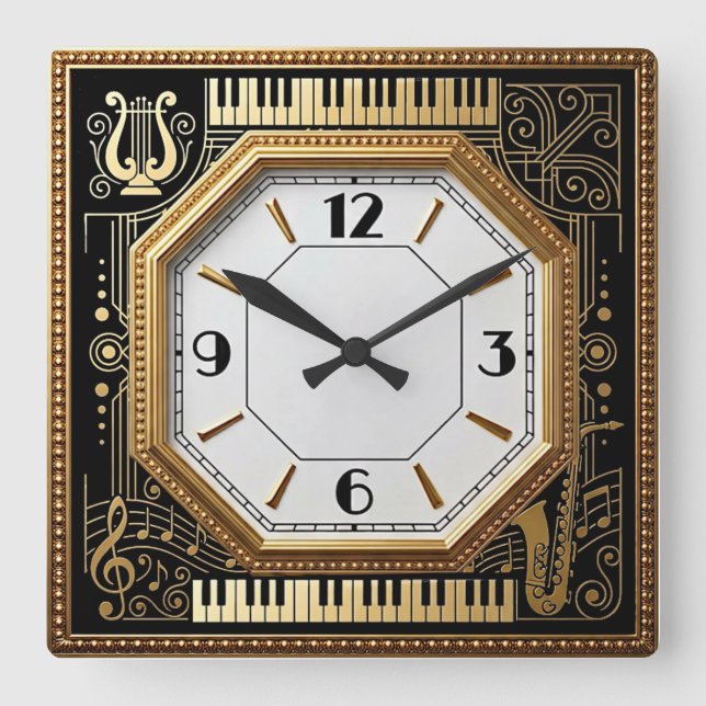 Art Deco Music Square Wall Clock (Front)