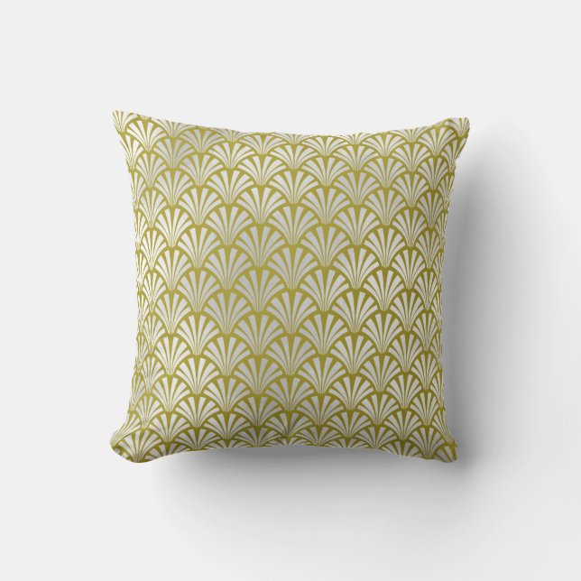 Art Deco Mustard Yellow Silver Grey Scale Seashell Cushion (Front)