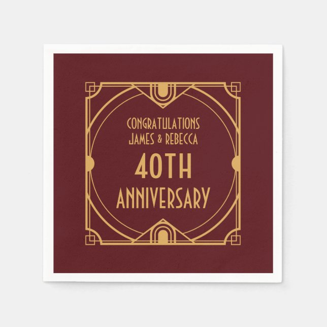 Art Deco Name 40th Wedding Anniversary Ruby Red Napkin (Front)
