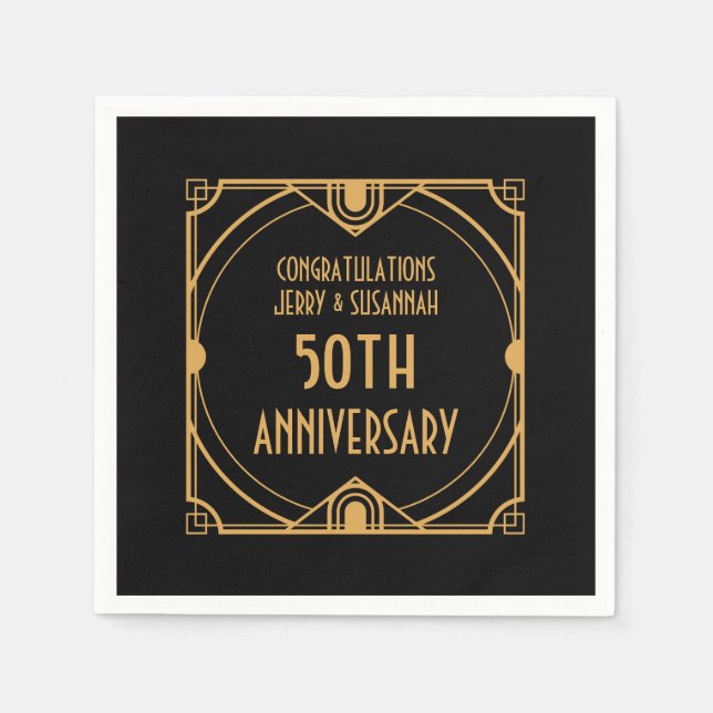 Art Deco Name 50th Wedding Anniversary Black Napkin (Front)
