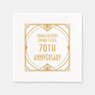 Art Deco Name 70th Wedding Anniversary Gold White Napkin