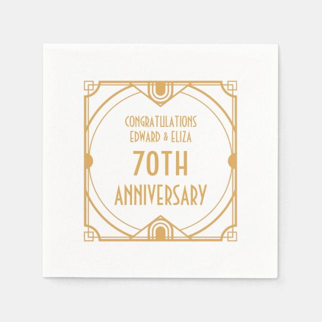 Art Deco Name 70th Wedding Anniversary Gold White Napkin (Front)